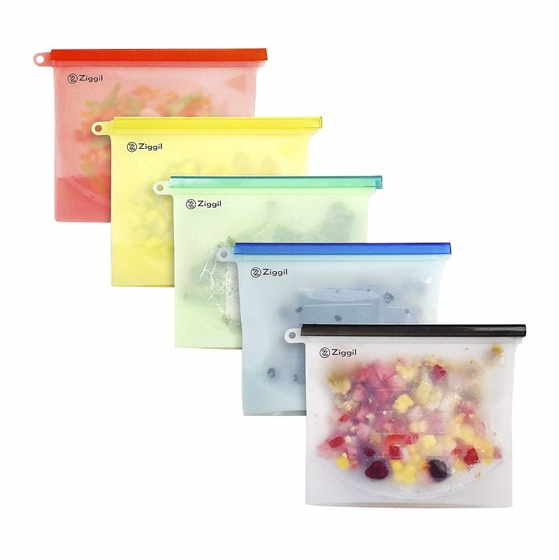 Reusable Silicone Food Grade Storage Bags Set of 5 - Plastic Bag Replacement for Sandwich Snack - jpg