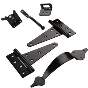 Gate Combo Kit - 2X T-Hinges 6" - Gate Handle 10" - Spring Loaded Gate Latch - Powder Coated Black - Screws Included - DHCGK